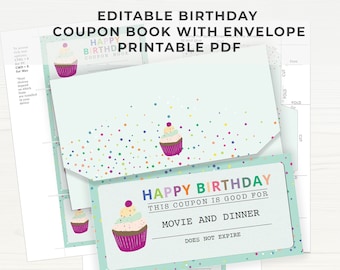 Libro dei coupon di compleanno modificabile, coupon PDF stampabili con busta