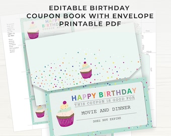Editable Birthday Coupon Book, Printable PDF Coupons with Envelope, Fillable Happy Birthday Coupon Gift