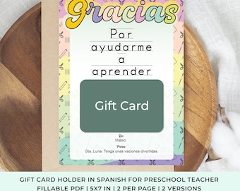 Teacher Appreciation Gift Card Holder in Spanish - Editable, Printable Card in Spanish for Teacher, Gracias Teacher End of Year Gift