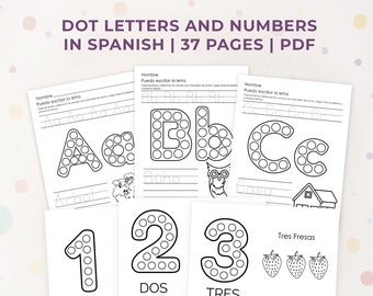 May include: Black and white printable worksheets for learning Spanish letters and numbers. The worksheets feature dot-to-dot activities for tracing the letters A, B, C, and the numbers 1, 2, 3. The worksheets include Spanish words for each letter and number, such as "Arbol" for "A" and "Uno" for "1".