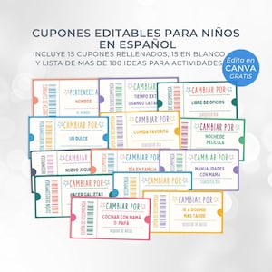 Cupons infantis editáveis em espanhol, livro de cupons para impressão, modelo Canva de cupons de recompensa em espanhol, presente de voucher de aniversário
