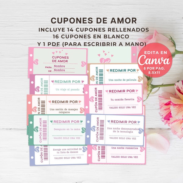 Cupones de Amor Editables, Cupones de San Valentín en Español, Folleto de Vales, Para Pareja, Plantilla de Canva