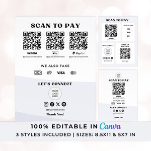 Panneau modifiable Scan to Pay, modèle Canva pour panneau de paiement, carte de code QR pour petite entreprise, panneau de code QR Laisser un avis