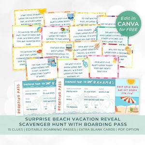 Viaggio in spiaggia a sorpresa modificabile rivela caccia al tesoro e carta d'imbarco, gioco di vacanze in famiglia stampabile per le vacanze estive per bambini, caccia al tesoro