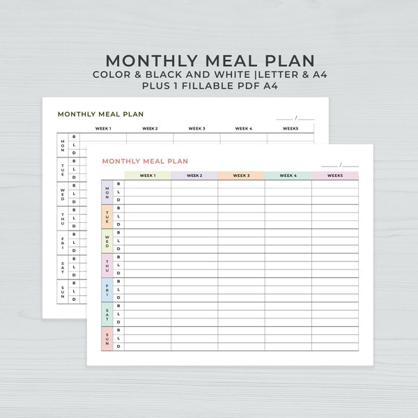 Monthly Meal Planner Printable, Menu Planner Fillable PDF, Family Meal Prep