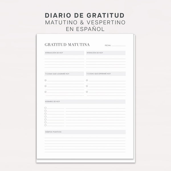 Morning And Evening Gratitude Journal in Spanish, Diario Matutino, Diario Vespertino, Imprimible PDF, Rellenable