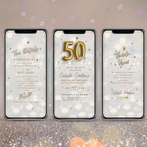 50th Animated Birthday Party Invitation Card Template, Animated Video Invite for Women, Gold Digital Brunch Dinner Text Invite Card