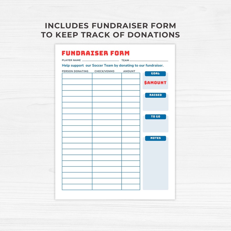 soccer team fundraiser form with options to enter person donating, check or Venmo and amount