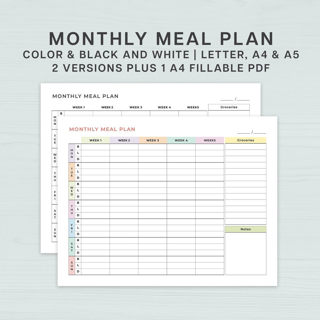 Monthly Meal Planner Printable: Family Meal Prep Template (fillable PDF ...