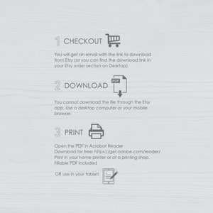 May include: A three-step guide for downloading and printing a digital product from Etsy. The steps are checkout, download, and print. The image includes icons for a shopping cart, a PDF file, and a printer.