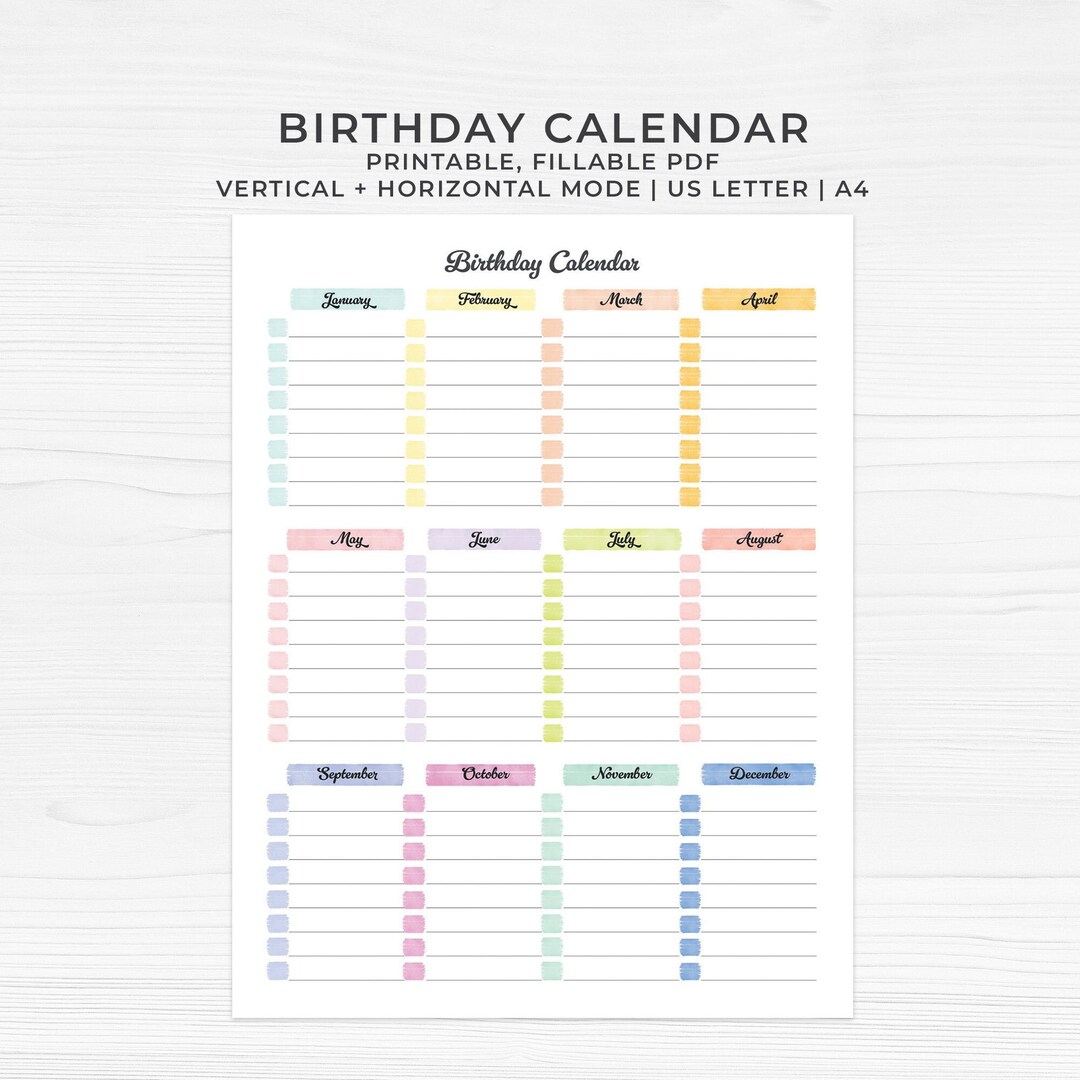 Birthday Tracker Template, Birthday Reminder Fillable PDF, Printable ...