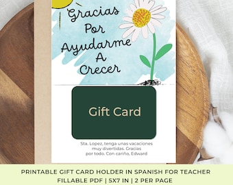 Printable Teacher Appreciation Gift Card Holder in Spanish, Fillable Card in Spanish for Teacher Gift, Thank You for Helping me Grow