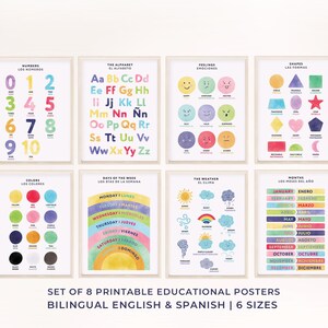 8 Bilingual in Spanish Educational Posters, Printable Learning Posters for Classroom Nursery Playroom Decor, Homeschool Wall Art, Montessori