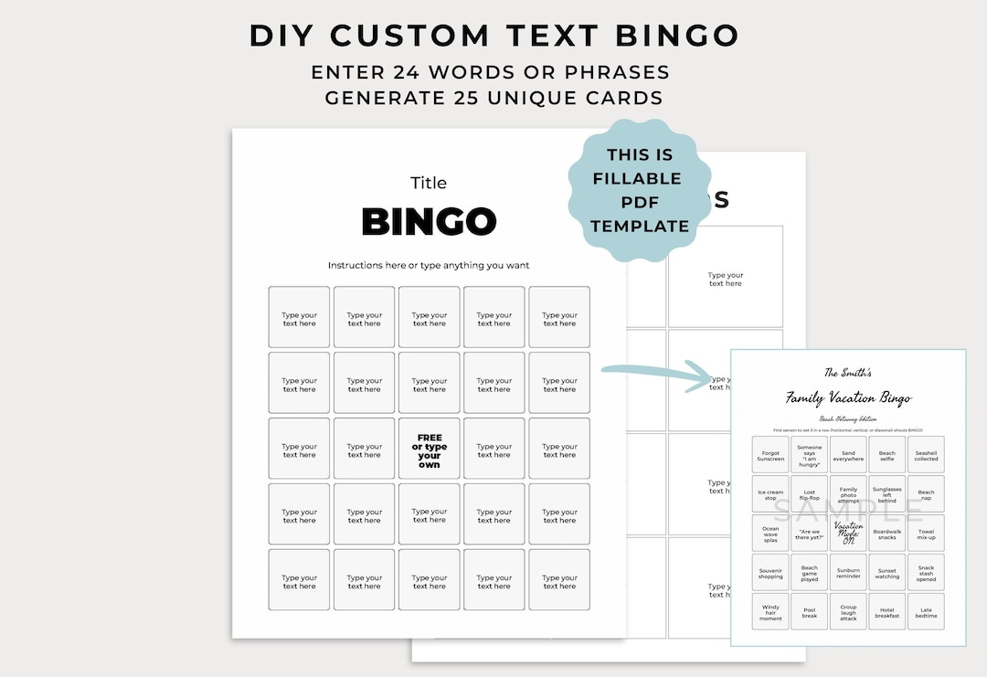 Diy Textbot 25 Custom DIY Text Bingo Cards: Fillable PDF for 24 Words/phrases - Etsy