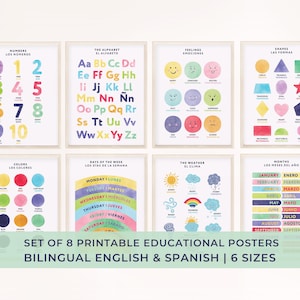 8 Pósters Educativos Bilingües en Español, Pósters de Aprendizaje Imprimibles para Aula, Guardería, Decoración de Sala de Juegos y Escuelas