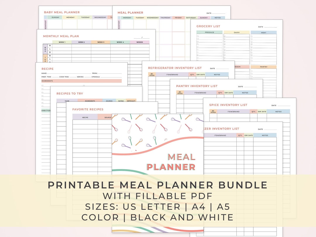 Meal Plan Template Bundle, Recipe Card, Grocery List, Weekly Meal Plan ...