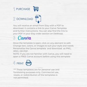 Pu&ograve; includere: Una guida passo passo su come acquistare, scaricare, modificare e stampare un modello digitale utilizzando Canva. La guida include istruzioni su come trovare il link del modello nella sezione degli ordini di Etsy. Il testo indica anche che questi modelli sono per uso personale e scopi di raccolta fondi solamente. L'uso commerciale, la rivendita o la ridistribuzione dei modelli non &egrave; consentita.