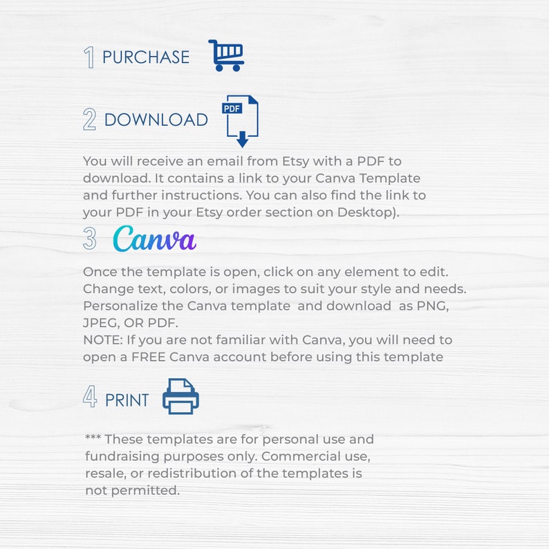 Pu&ograve; includere: Una guida passo passo su come acquistare, scaricare, modificare e stampare un modello digitale utilizzando Canva. La guida include istruzioni su come trovare il link del modello nella sezione degli ordini di Etsy. Il testo indica anche che questi modelli sono per uso personale e scopi di raccolta fondi solamente. L'uso commerciale, la rivendita o la ridistribuzione dei modelli non &egrave; consentita.