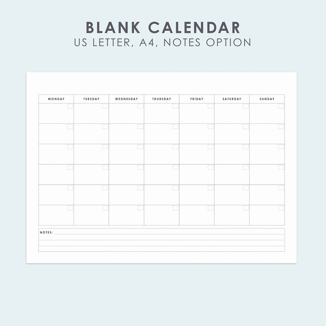 Blank Monthly Calendar With Notes, Fillable Printable PDF Calendar ...