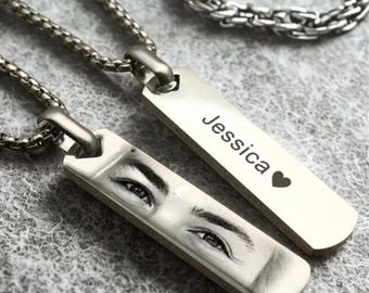 Customized Photo/Text Necklace, Personalized Engraved Picture Eye Necklace,Customized Photo Pendant Stainless Steel For Women Men Lover Gift