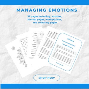 Könnte beinhalten: Ein druckbares Arbeitsbuch mit dem Titel "Emotionen: Emotionale Bausteine, Umgang mit Emotionen" mit 32 Seiten, darunter Artikel, Tagebuchseiten, Wortspiele und Malvorlagen. Das Arbeitsbuch soll Menschen helfen, ihre Emotionen zu bewältigen.