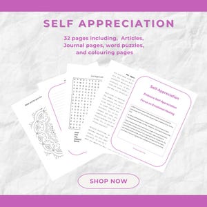 Selbstwertschätzung Printable Bundle. 32 Seiten, Artikel, Worträtsel, Ausmalbilder, Journal Prompts.