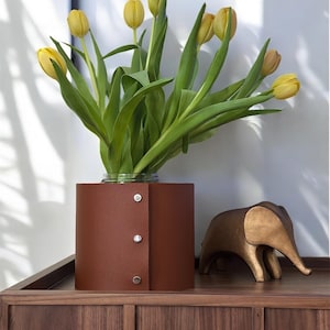 small plant pot cover handmade from vegan leather, scandi, stylish, modern, indoor plant pot, customizable size, gift for plant lovers