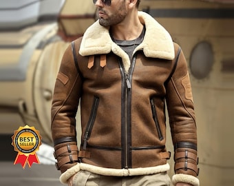 Men’s Sheepskin Shearling Leather Jacket – Vintage Airforce Aviator B3 Bomber