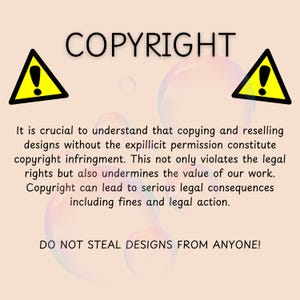 Puede incluir: Un gr&aacute;fico de color melocot&oacute;n claro con la palabra COPYRIGHT en la parte superior, dos tri&aacute;ngulos de advertencia amarillos con signos de exclamaci&oacute;n negros a los lados y texto sobre infracci&oacute;n de derechos de autor, terminando con DO NOT STEAL DESIGNS FROM ANYONE!