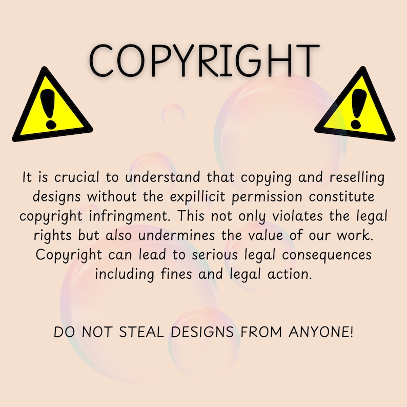 Puede incluir: Un gr&aacute;fico de color melocot&oacute;n claro con la palabra COPYRIGHT en la parte superior, dos tri&aacute;ngulos de advertencia amarillos con signos de exclamaci&oacute;n negros a los lados y texto sobre infracci&oacute;n de derechos de autor, terminando con DO NOT STEAL DESIGNS FROM ANYONE!