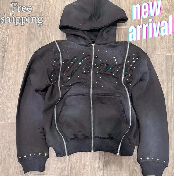Men's Rhinestone Zip-up Hoodie: Long Sleeve Cotton Fleece