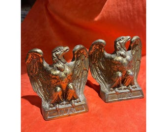 Pair Of 1972 Colonial Virginia 1776 Eagle Cast Iron Bookends With Antique Brass Finish