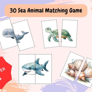 30-Sea Animals Matching Game For Kids, Matching Activity, Montessori learning, Digital Download