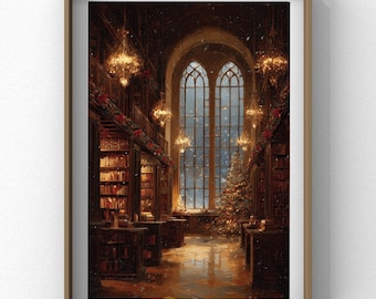 以下が含まれることがあります： 雪が降る図書館のインテリアを描いた、額入りのデジタルアートプリント。高い本棚、大きなアーチ型の窓、クリスマスツリー、豪華なシャンデリアが特徴です。カラーパレットは暖かく、茶色、金色、赤のヒントが含まれています。