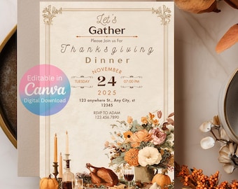 Vintage Friendsgiving dîner Invitation, Thanksgiving Party inviter, Friendsgiving Party inviter, modèle de toile modifiable, téléchargement numérique