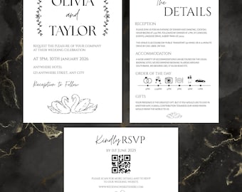 Pode incluir: Conjunto de convites de casamento elegantes em preto e branco. O cartão principal apresenta os nomes "Olivia e Taylor" com detalhes florais, detalhes do evento e ilustrações de cisnes. Cartões adicionais com detalhes da recepção e RSVP.