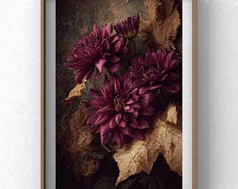Pintura rústica oscura y melancólica de flores silvestres, arte mural floral oscuro, arte floral antiguo, lámina de dalia burdeos melancólica, impresión digital de flores de otoño
