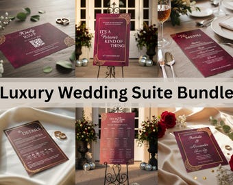 Può includere: Un pacchetto di suite nuziali di lusso con articoli di cancelleria bordeaux e oro. Include biglietti RSVP, menu, tableau de mariage e segnaletica con elementi di design eleganti. Il testo "Luxury Wedding Suite Bundle" è visualizzato.