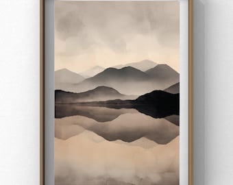 Art mural reflet montagne brumeuse, impression paysage neutre, affiche nature minimaliste, déco lac sépia, art imprimable en téléchargement