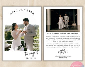 May include: A wedding invitation card set with two panels. One panel features a couple toasting with champagne, the text "Best Day Ever," and the names "the waynes" and the date. The other panel has a photo of the couple and a thank you message.