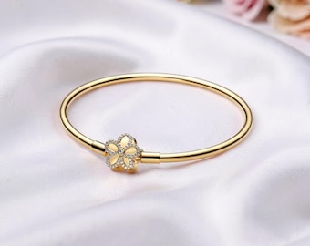 Brazalete floral chapado en oro de 14k, brazalete floral brillante para mujer, regalo de joyería de oro para ella, joyería floral para ella