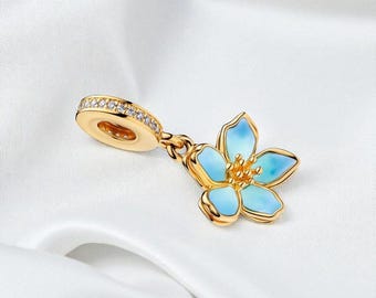 Blue Cherry Blossom Dangle Charm: Fits Pandora Bracelet Jewelry