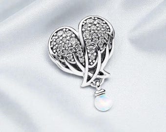 Sparkling Angel Wings & Heart Silver Charm for Women, Beads DIY Bracelet and Necklace, Gift For Her, Fits On Pandora Bracelet