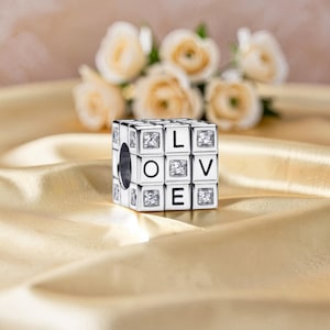 Moveable Toy Cube Charm, Sterling Silver Cube Charm with Heart Details, Rotating Love Charm for Bracelet, Playful Gift for Her Jewellery