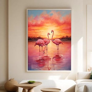 Flamingo wall art | sunset beach print | printable flamingo art | sunset flamingo print | flamingo couple painting | vibrant living room art