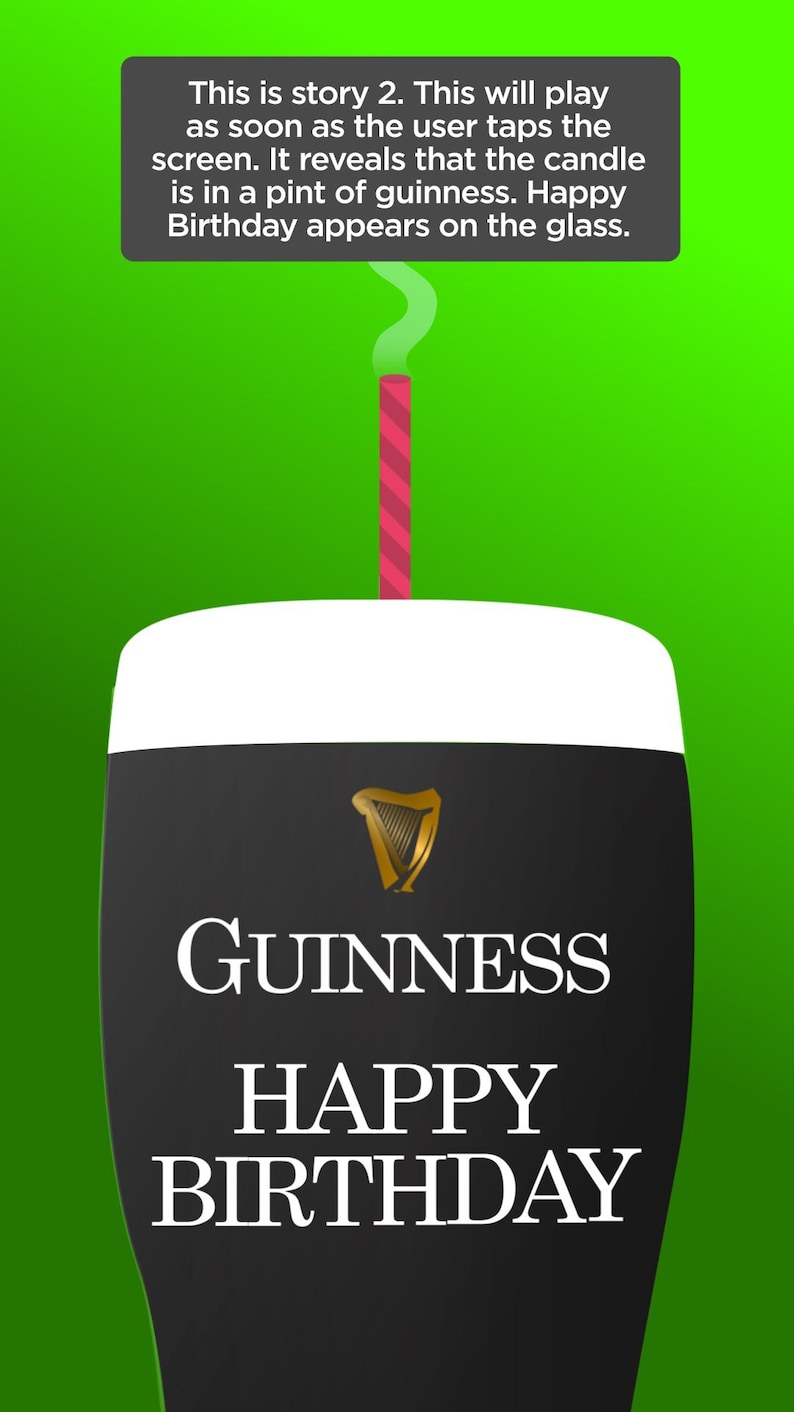 May include: A pint of Guinness stout with a white head, featuring the Guinness logo and the words "HAPPY BIRTHDAY." A lit candle rises from the top, with text above on a green background.