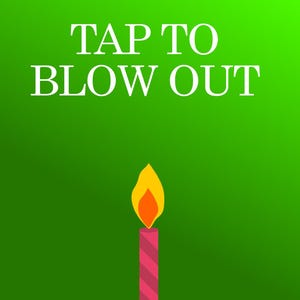 May include: A digital illustration on a green background. The text "TAP TO BLOW OUT" is displayed in large white letters. A lit candle with a pink and red striped body and a yellow and orange flame is at the bottom.