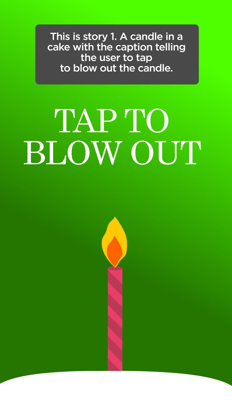 May include: A digital illustration on a green background. The text "TAP TO BLOW OUT" is displayed in large white letters. A lit candle with a pink and red striped body and a yellow and orange flame is at the bottom.