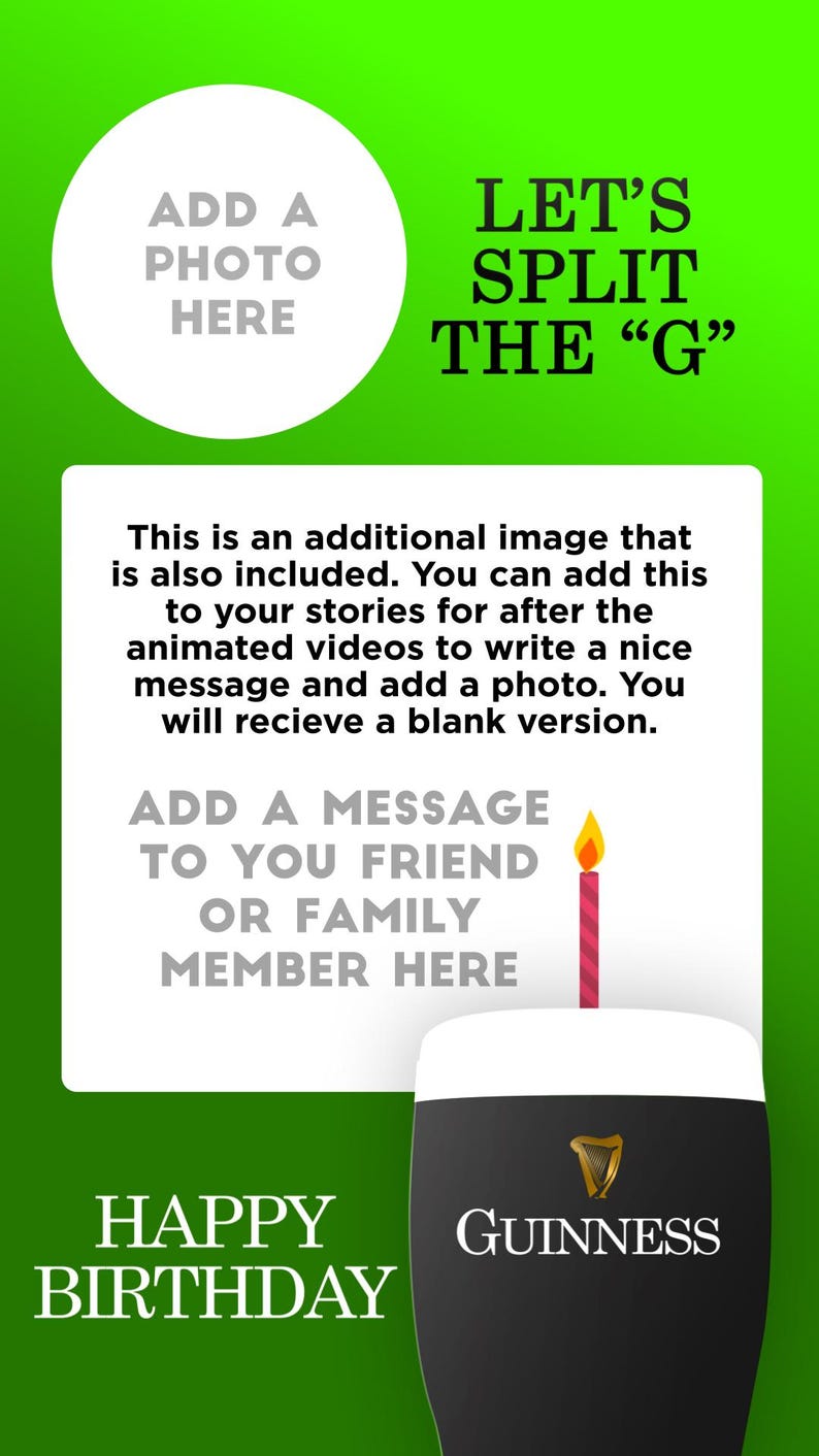 May include: A green background with text and graphics. Includes a white circle with "ADD A PHOTO HERE", and a pint of Guinness with "HAPPY BIRTHDAY" and "GUINNESS" text. Also includes a candle.