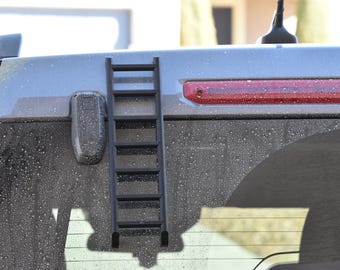 May include: Black ladder attached to the back of a vehicle. The ladder is made of black metal and has several rungs. The vehicle is dark gray with a red brake light and a black antenna.
